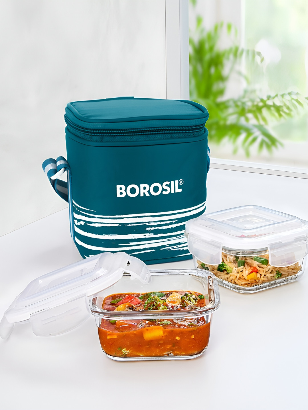 BOROSIL 2 Pieces Teal Blue & Transparent Square Glass Lunch Box 320 ml With Bag