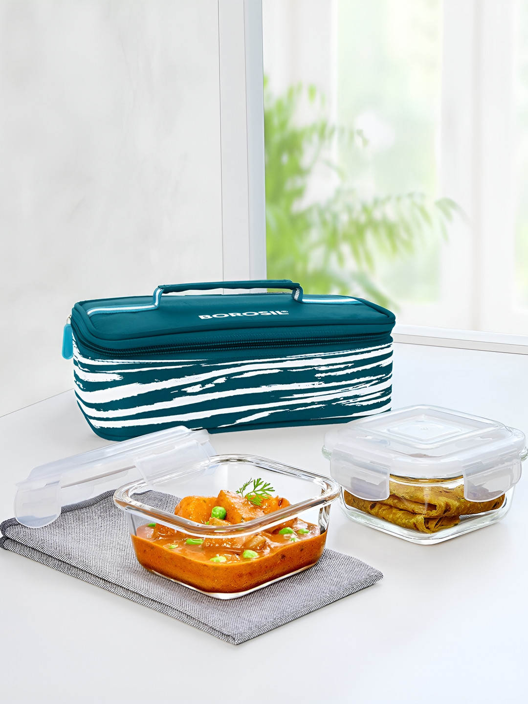 BOROSIL 2 Pieces Teal Blue & Transparent Square Glass Lunch Box 320 ml With Bag