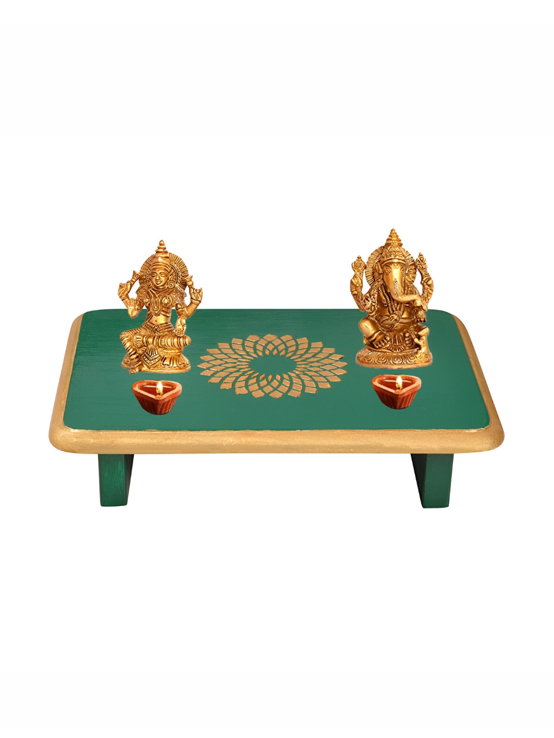 Lal Haveli Green & Beige Floral Printed Rectangle Wooden Pooja Chowkie