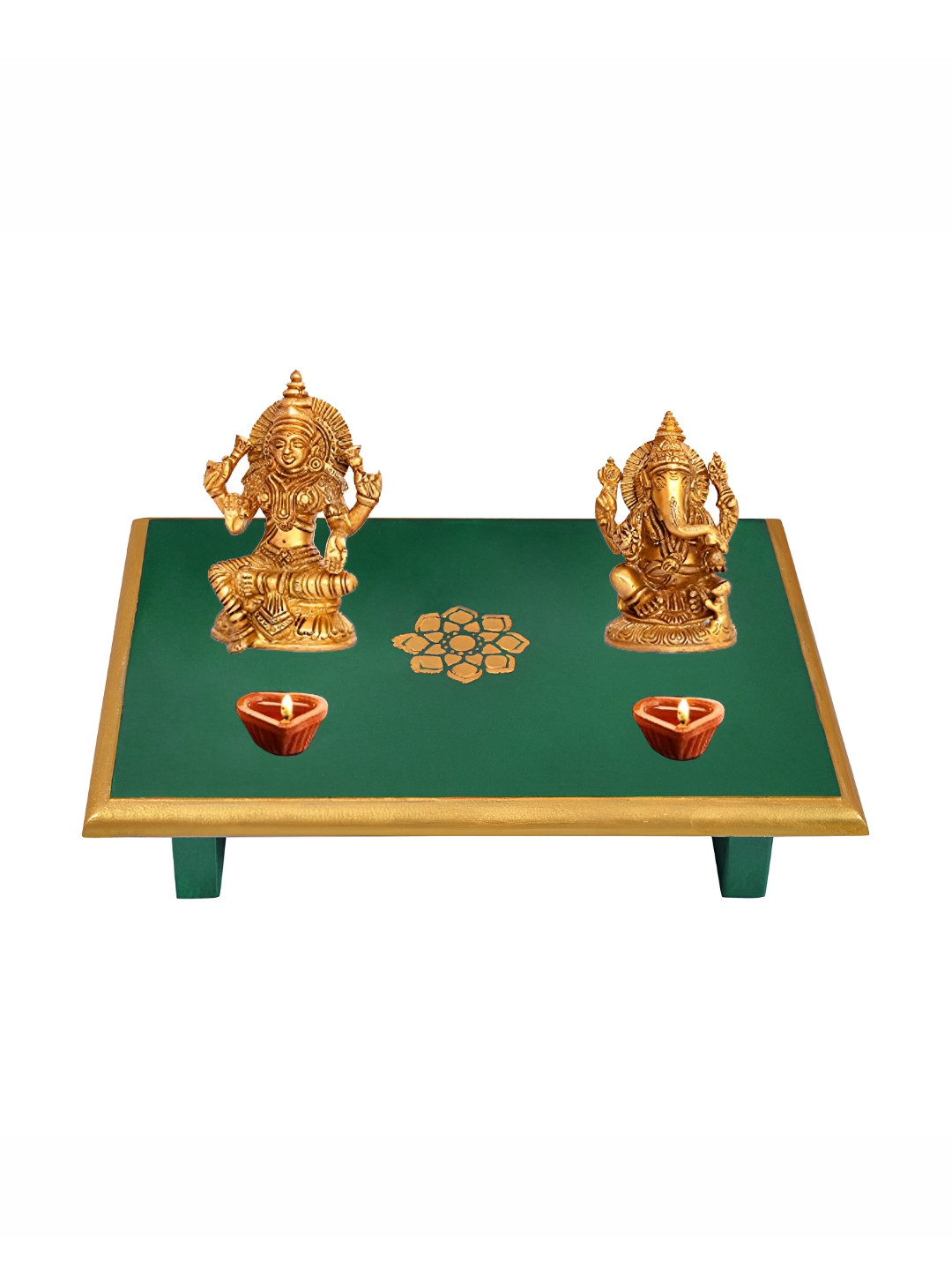 Lal Haveli Green & Beige Floral Printed Rectangle Wooden Pooja Chowkie