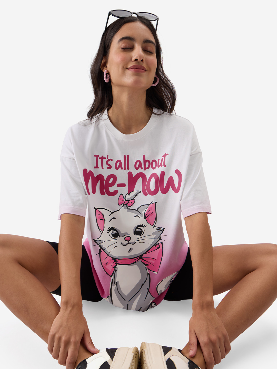 The Souled Store White & Pink Typography Printed Oversized Cotton T-shirt