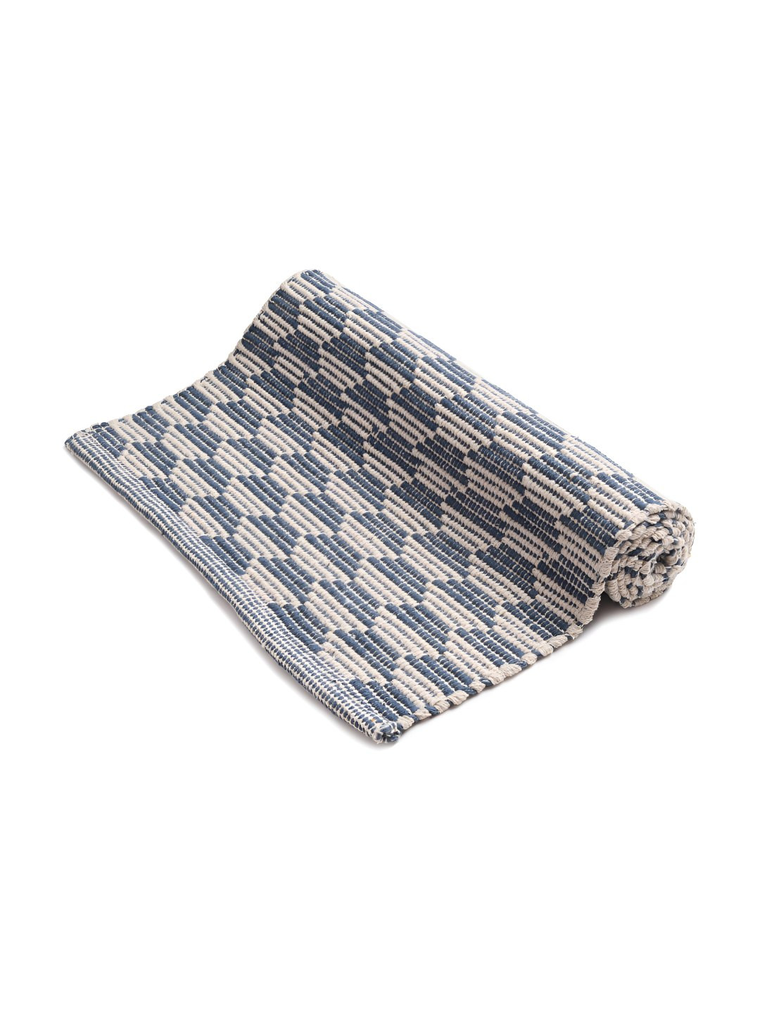 DEMOCRACY HOMES Blue & Beige Geometric Pattern Reversible Pure Cotton Floor Runner