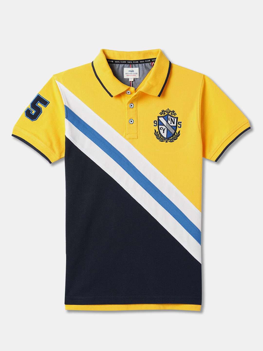 R&B Boys Blue Colourblocked Relaxed Fit Polo Collar Cotton T-shirt
