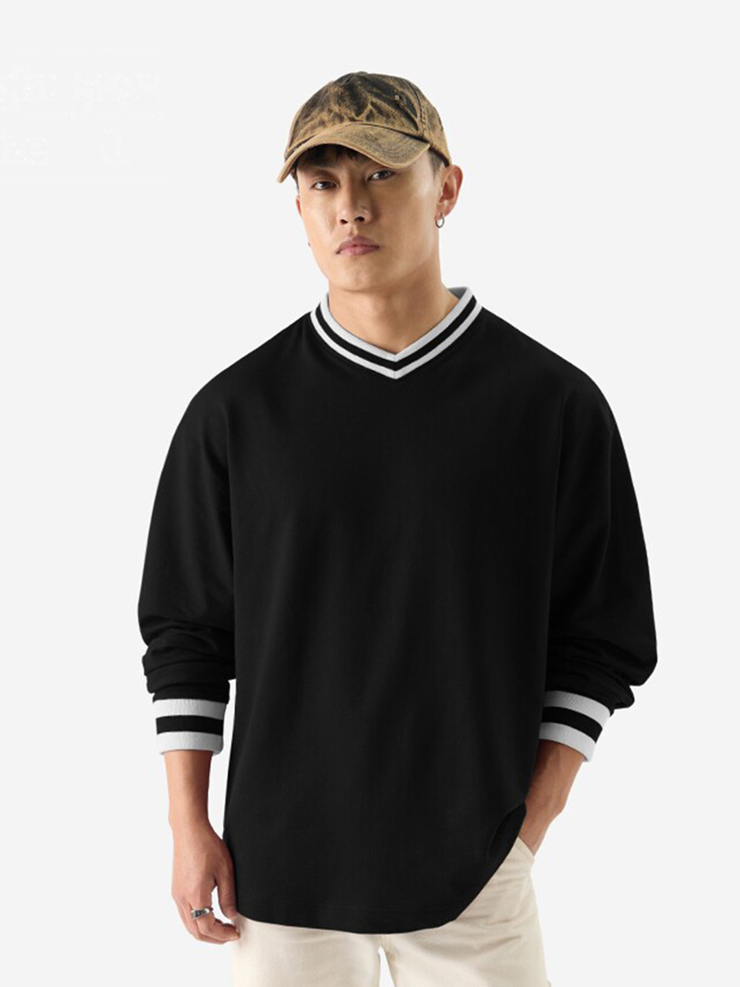 The Souled Store Men Oversized Solid Black Full Sleeve T-Shirts