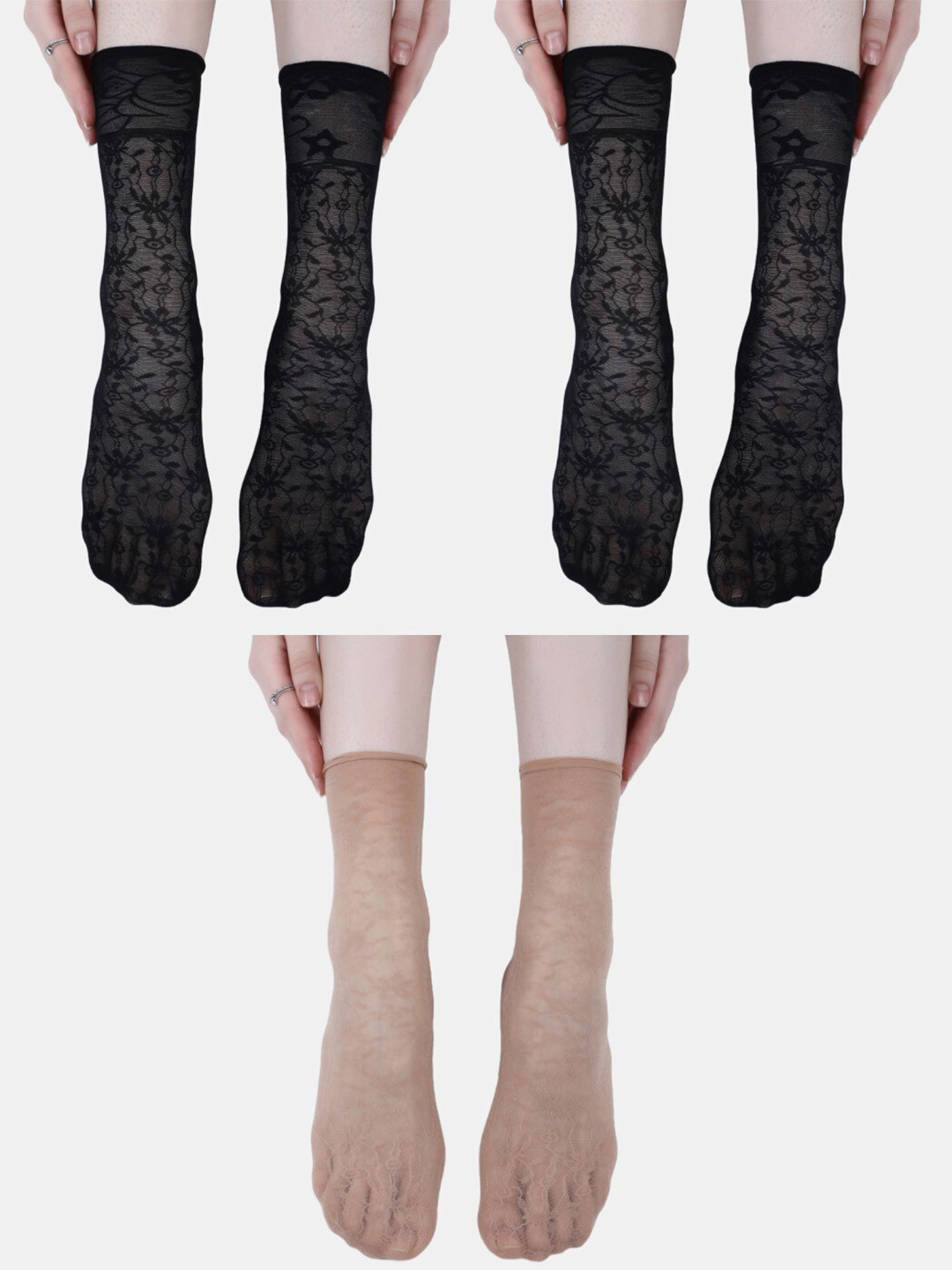 N2S NEXT2SKIN Women Pack Of 3 Sheer Patterned Ankle-Length Socks