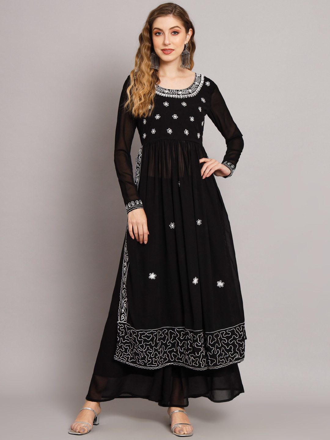 Poshak Hub Floral Embroidered High Slit Kurta With Sharara