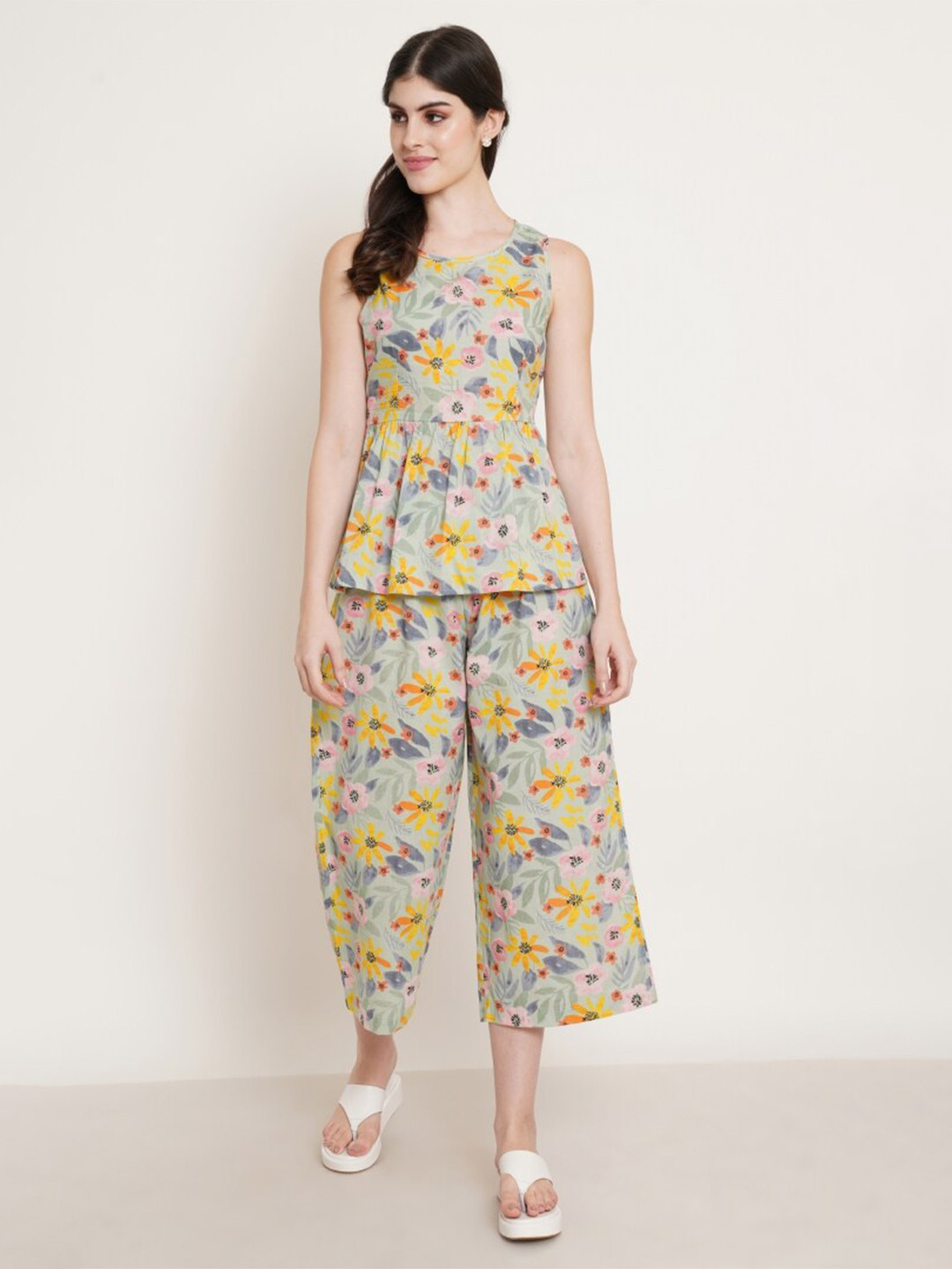 COTLAND FASHION Printed Round Neck Pure Cotton Top With Palazzos