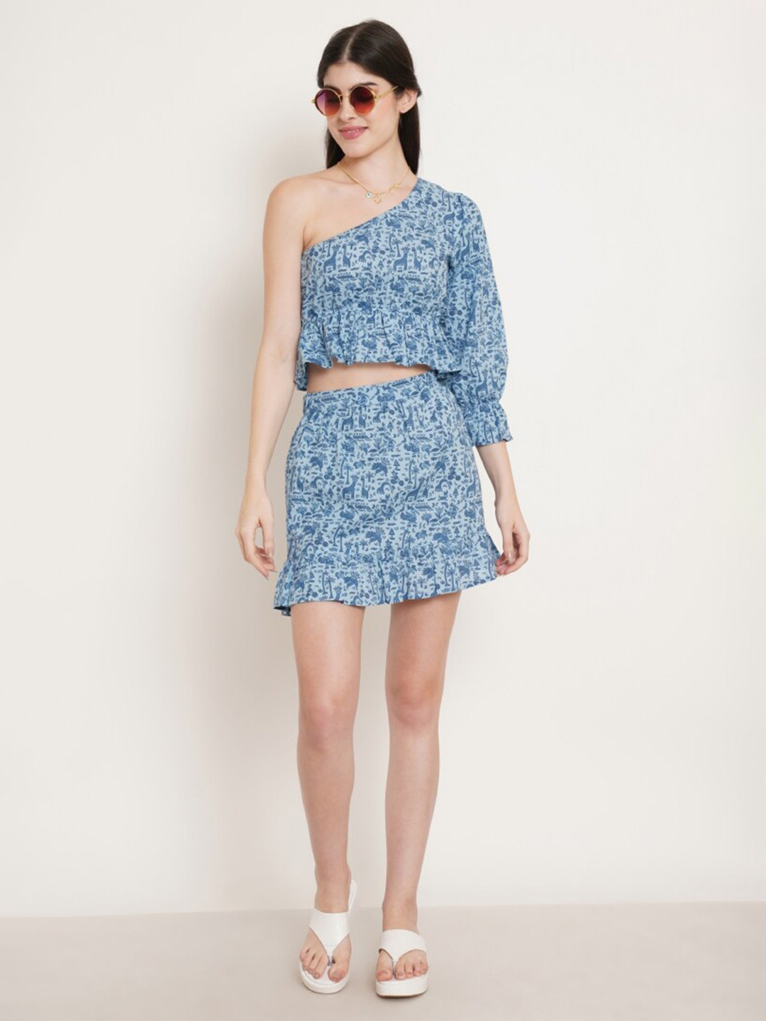 COTLAND FASHION Printed Cotton One Shoulder Crop Top With Skirt