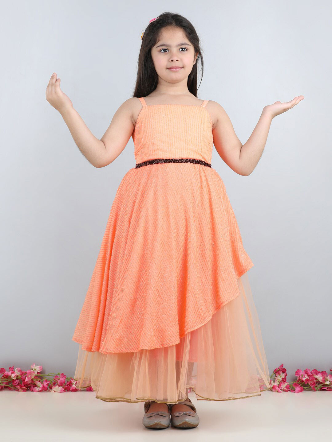 Toy Balloon kids Girls Self Design Shoulder Straps Tulle Net Gown