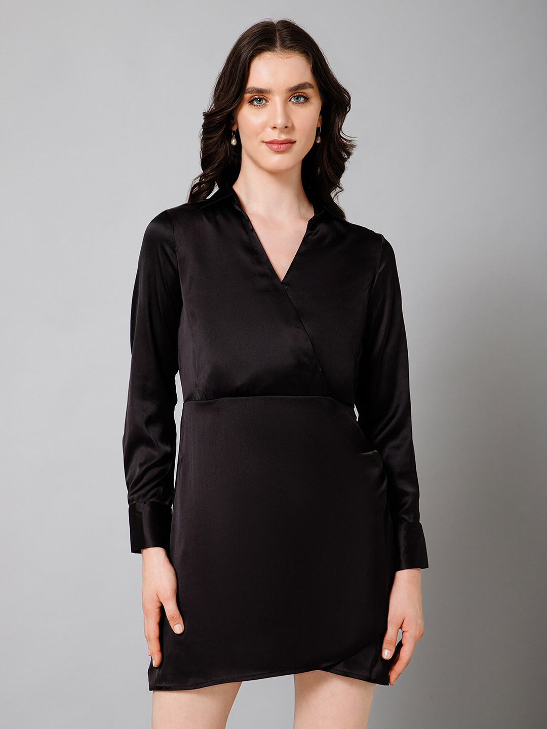 PURYS V-Neck Cuffed Sleeves A-Line Satin Mini Dress