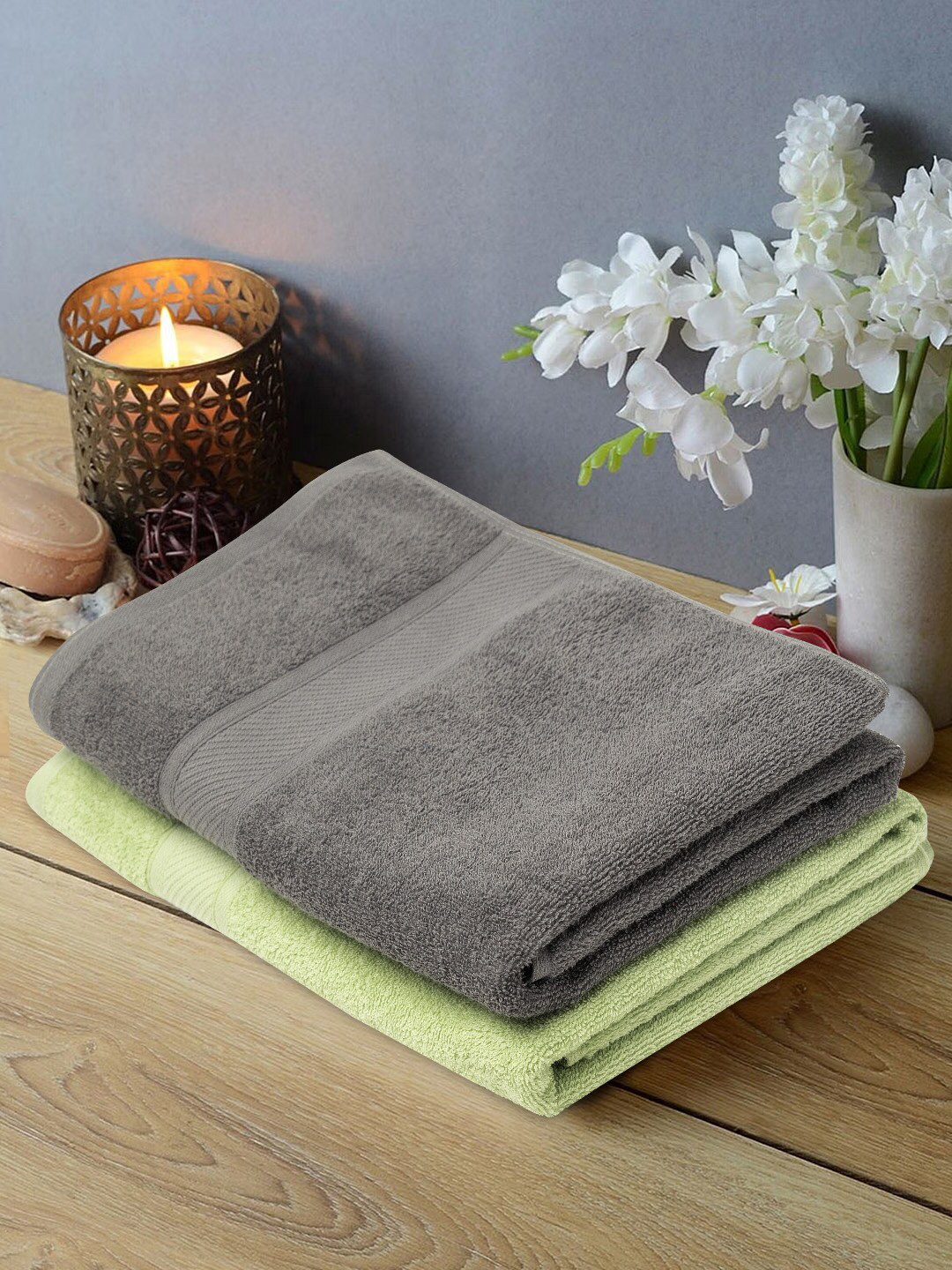 URBANFIX Green & Grey 2 Pieces Cotton 400 GSM Bath Towels