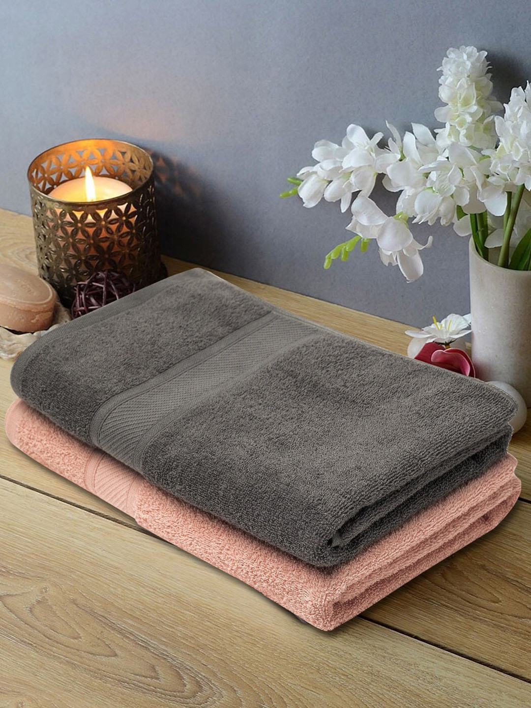 URBANFIX Grey & Coral 2 Pieces Cotton 500 GSM Bath Towels