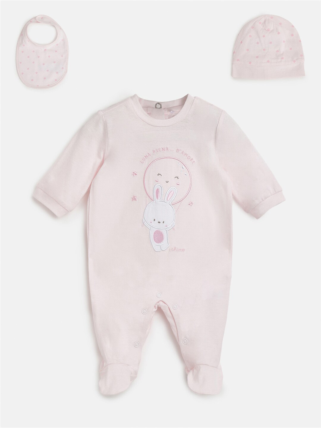 Chicco Infants Girls Printed Pure Cotton Sleepsuit With Cap & Bib