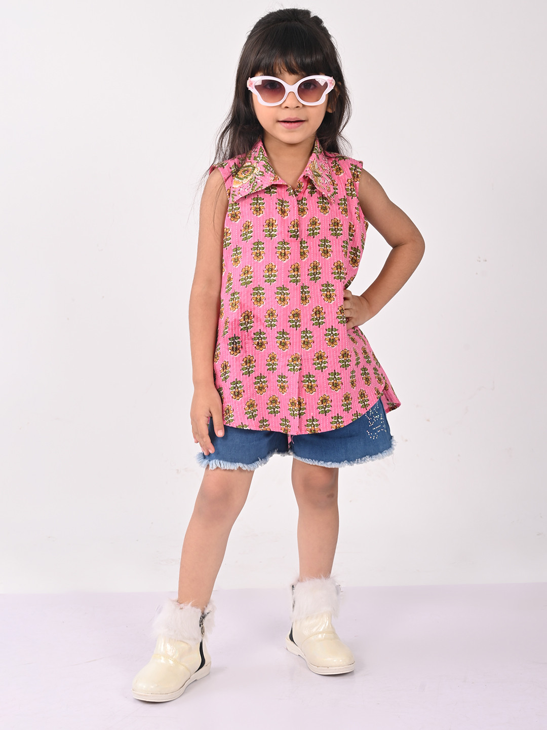 Here&Now X Kinder KidsFloral Printed Cotton Shirt Style Top