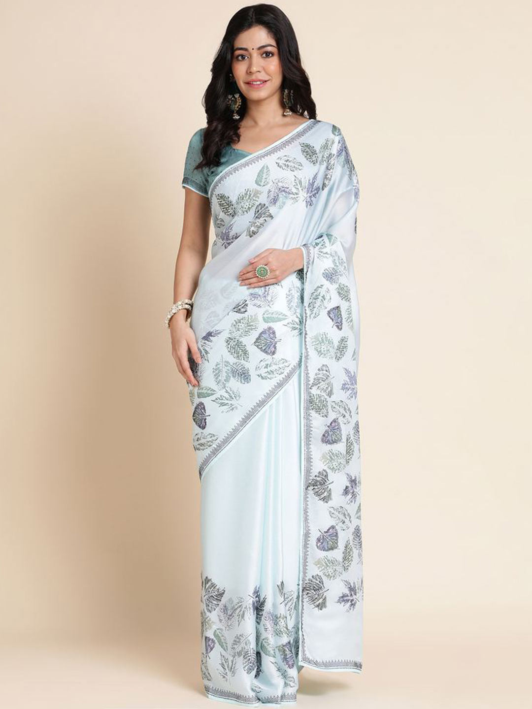 Mitera Teal Blue & White Floral Beads and Stones Pure Georgette Saree