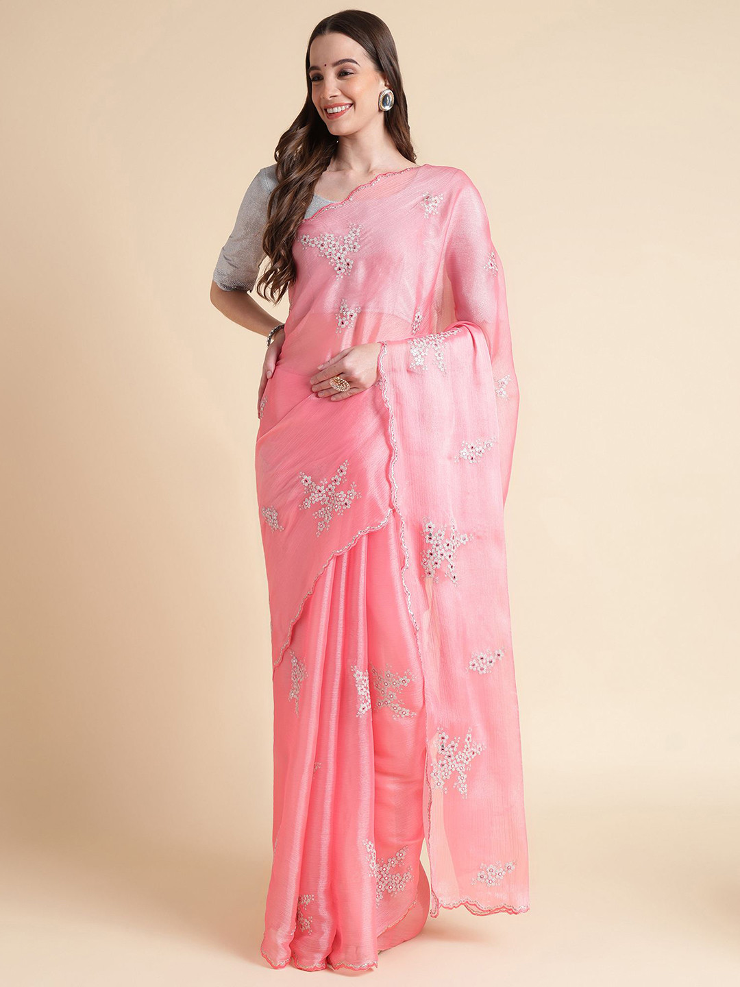 Mitera Pink & White Floral Mirror Work Embroidered Organza Saree