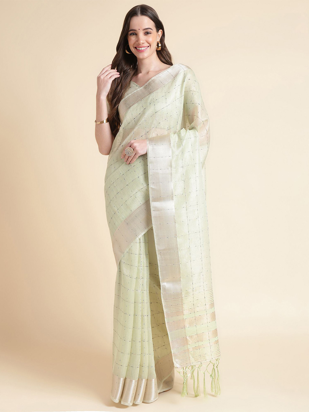 Mitera Green & Silver-Toned Checked Woven Design Zari Pure Organza Saree