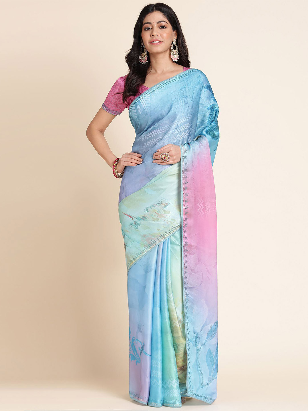 Mitera Blue & Pink Abstract Digital Printed Beads and Stones Saree