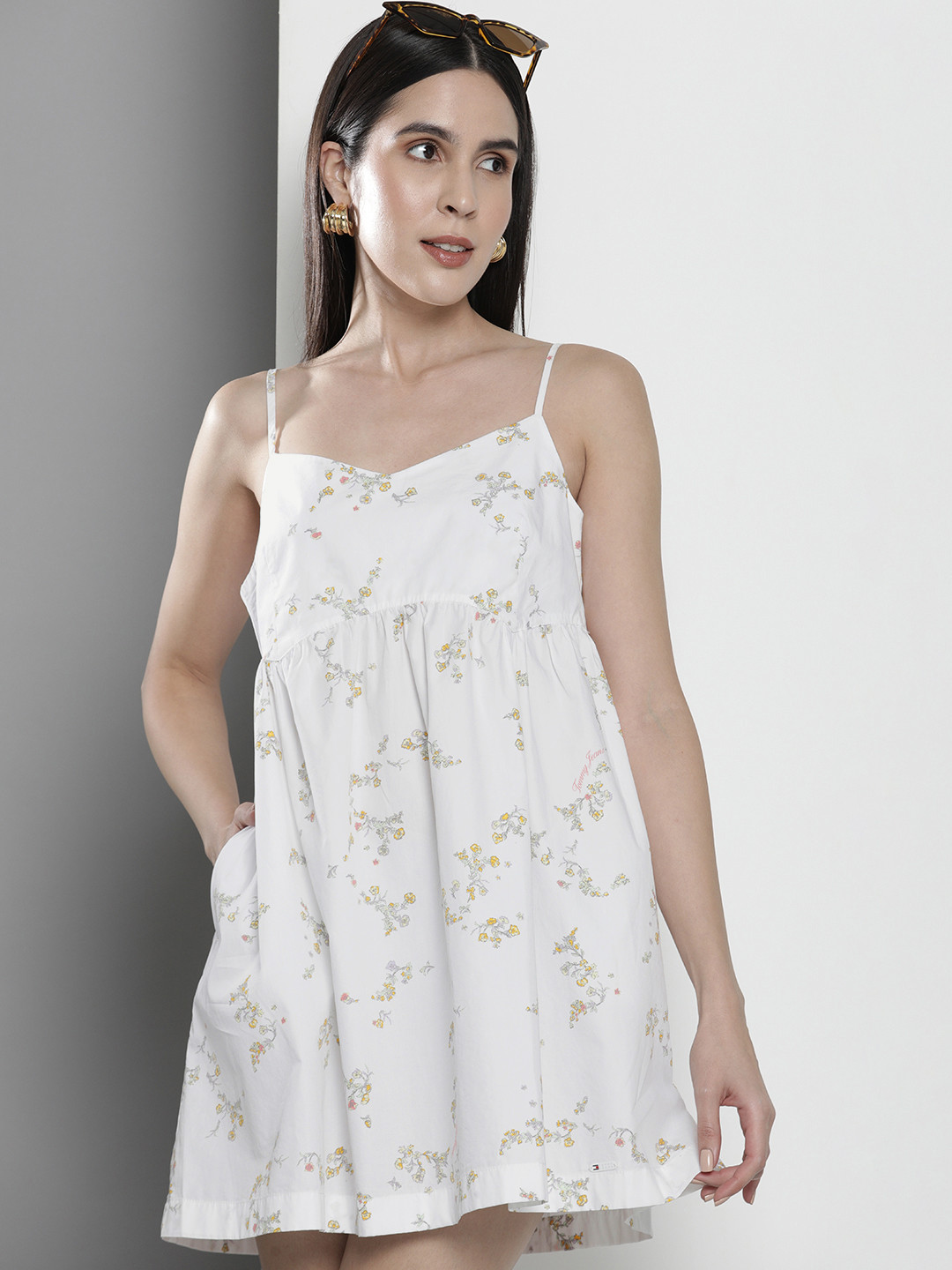 Tommy Hilfiger Pure Cotton Shoulder Straps Floral Printed A-Line Mini Dress