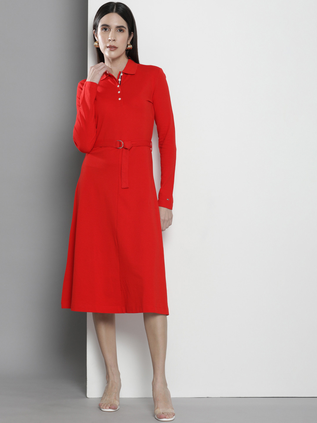 Tommy Hilfiger Solid Long Sleeves A-Line Dress Comes With A Fabric Belt