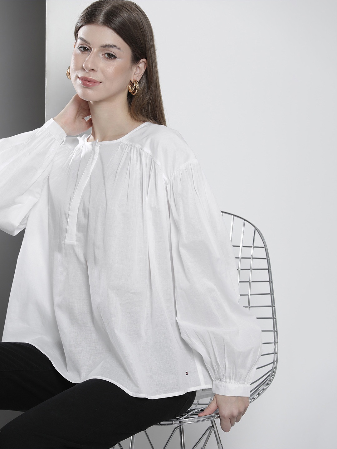 Tommy Hilfiger Solid Drop-Shoulder Sleeves Gathered Or Pleated Pure Cotton Top