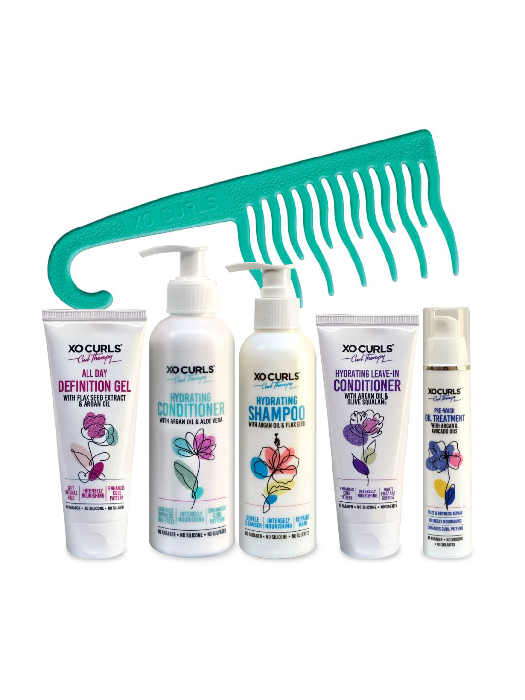 XO CURLS Set Of 6 Gel-Conditioner- Shampoo-Leave-In Conditioner-Pre Wash Oil-Comb