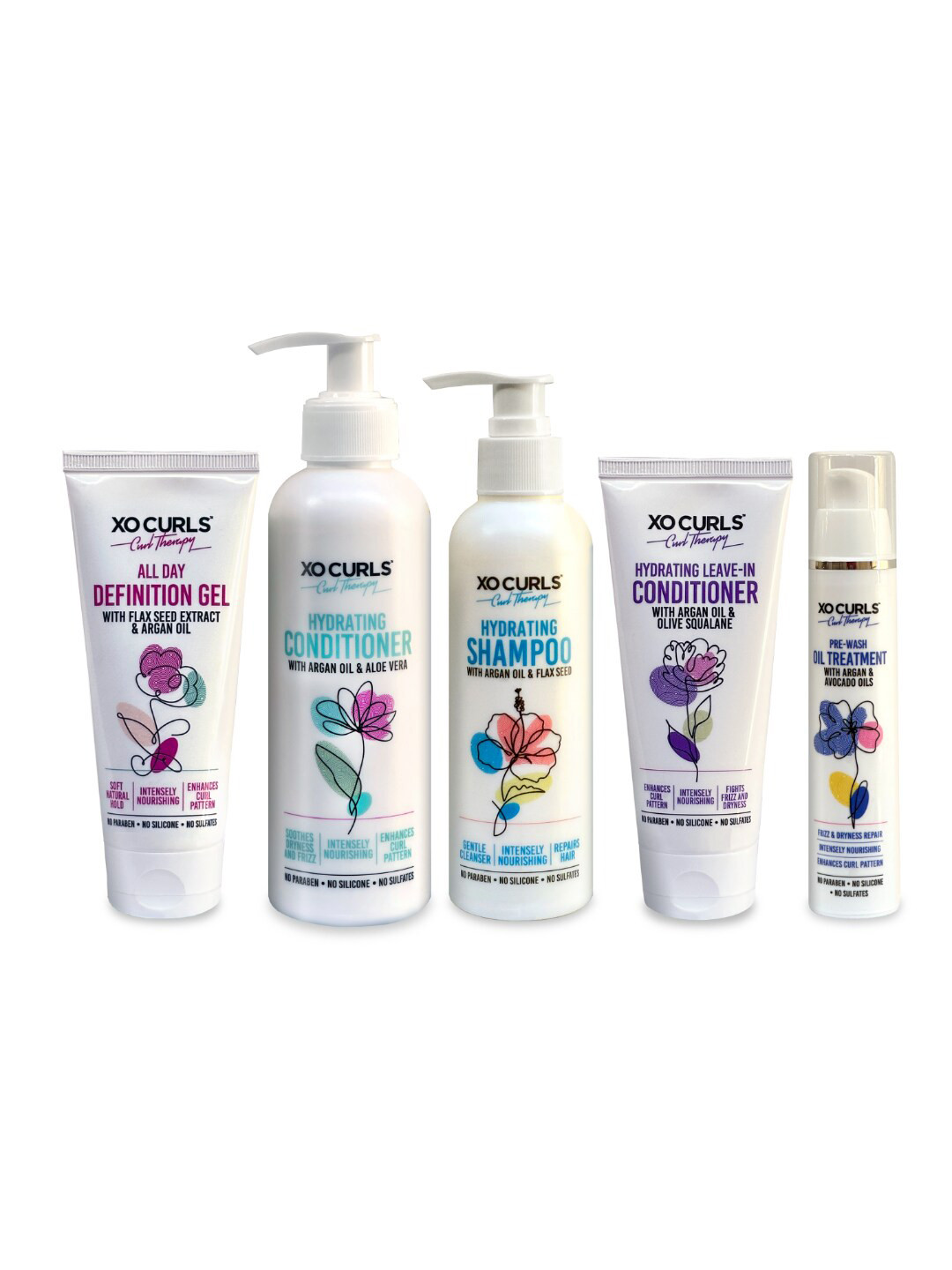 XO CURLS 5-Pcs Pre Wash Oil-Shampoo-Conditioner-Leave In Conditioner-Definition Gel Combo