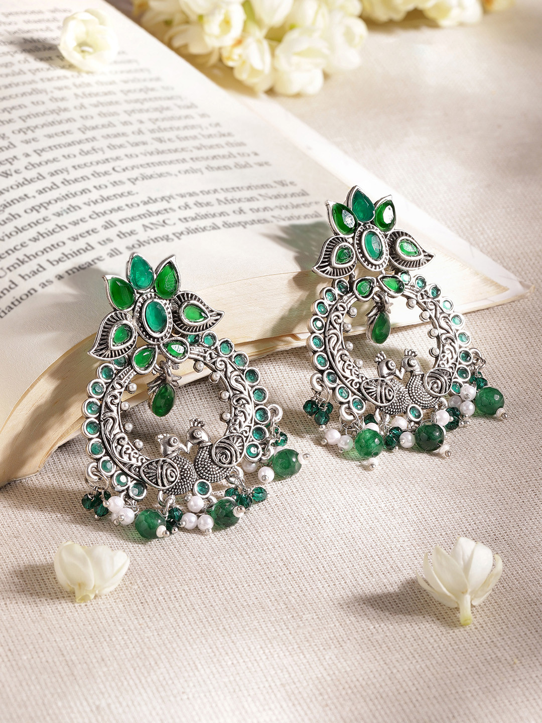 Rubans Oxidised Silver-Plated Emerald Green Stone & Pearl Beaded Chandbali Earrings