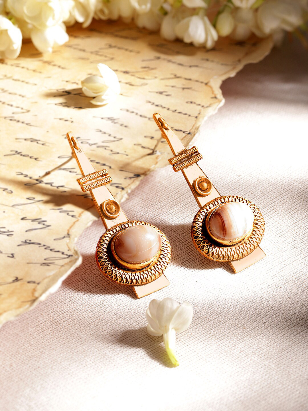 Rubans 24K Gold Plated Oval Gemstone in Gold Tone Featuring Intricate Detail Drop Earrings