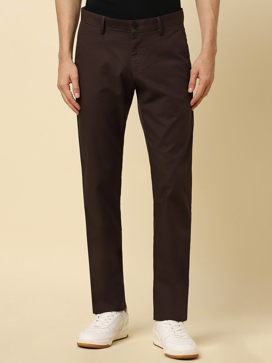 Allen Solly Mid-Rise Flat-Front Cotton Slim Fit Casual Trousers