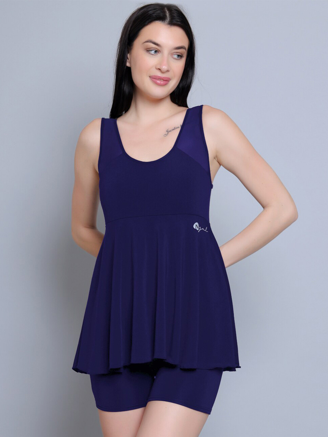 N-Gal Padded 4-Way Stretch Quick Dry One Piece Swimming Dress With Attached Shorts