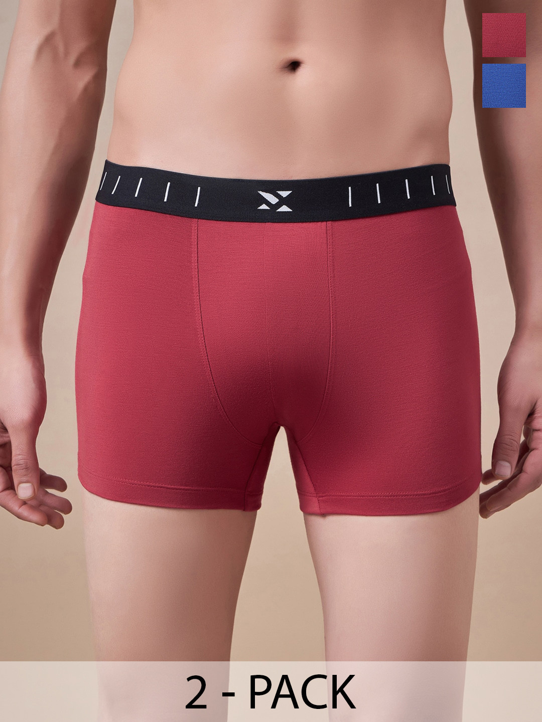 Masch Sports Men Pack Of 2 Mid-Rise Anti-Bacterial Modal Trunks TRK-2-SOL-EI-RED-ET-BLU