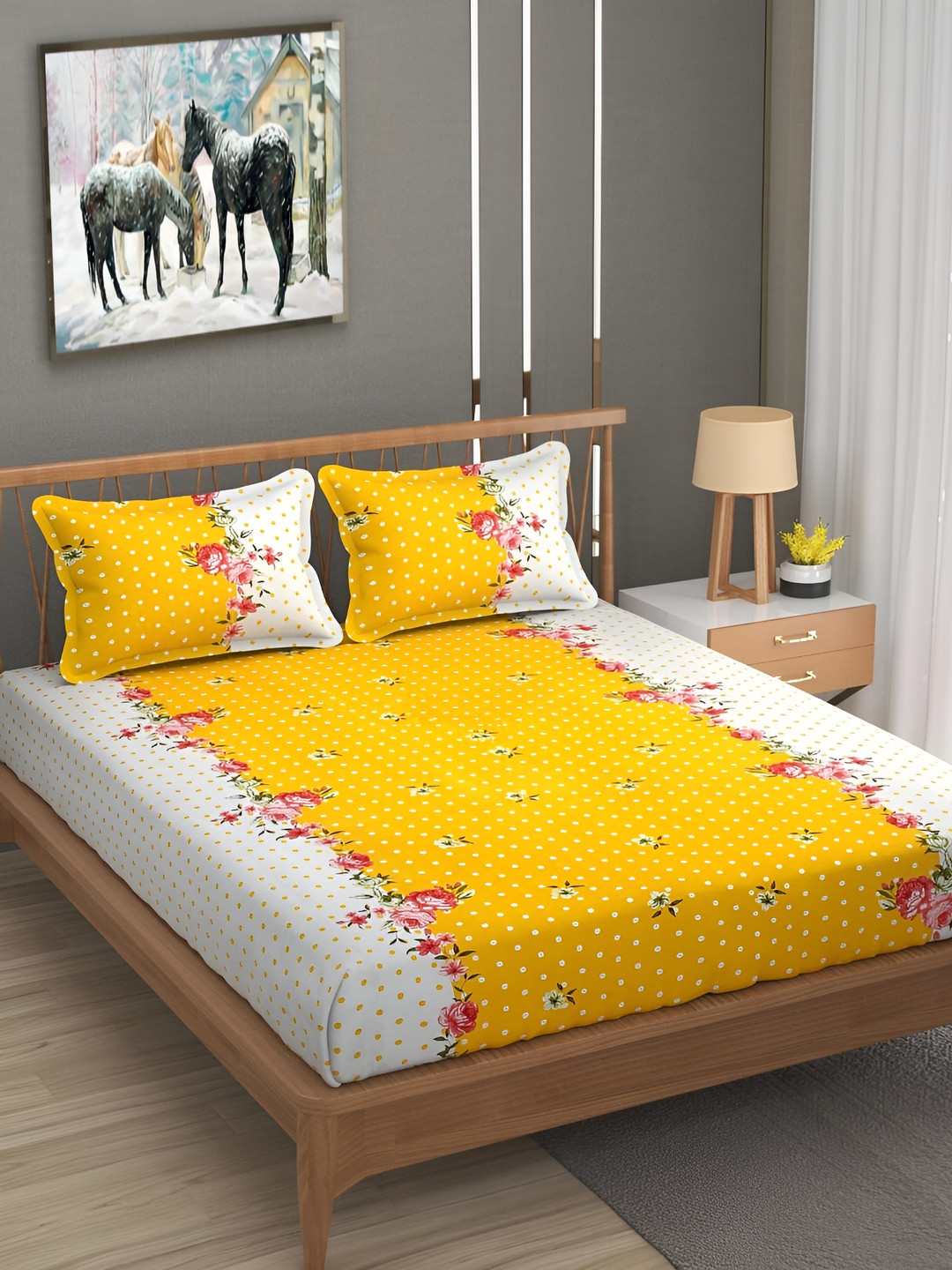DECOREZA Decoreza Polka & Floral Yellow Floral Cotton 260 TC Fitted King Fine Bedsheet with 2 Pillow Covers-182 x 198 x 16 cm