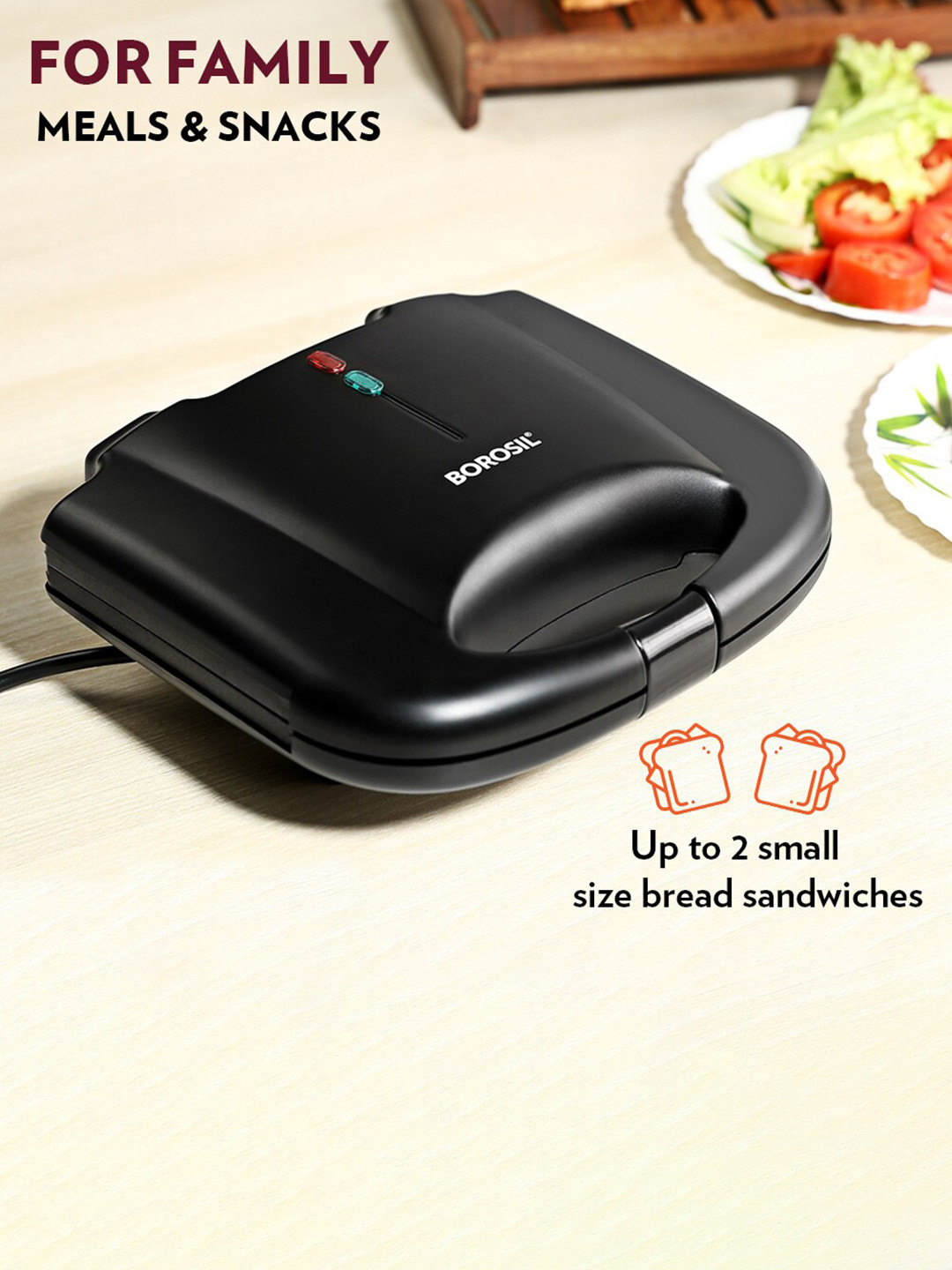 BOROSIL Black Non-Stick Nontoxic Plates 800 W Sandwich Maker