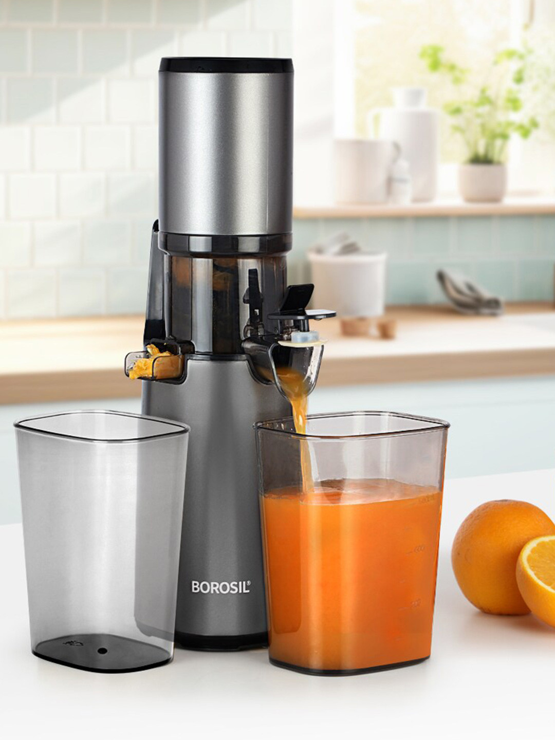 Borosil Smart Juice Cold Press Grey Plastic Portable 2 Jars Wet and Dry Grinder with Juicer-130W