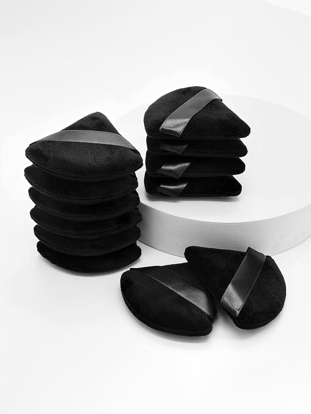 FEELHIGH 12Pcs Triangle Velvet Powder Puff With Ribbon Band Handle - Black