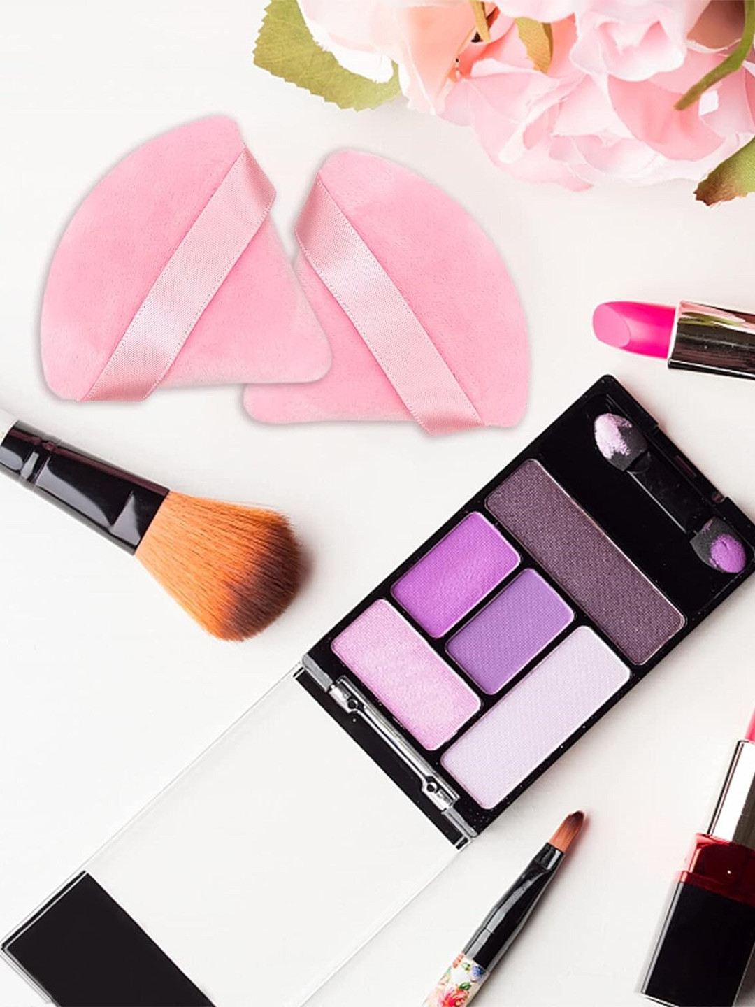 FEELHIGH 12Pcs Triangle Velvet Powder Puff With Ribbon Band Handle - Pink