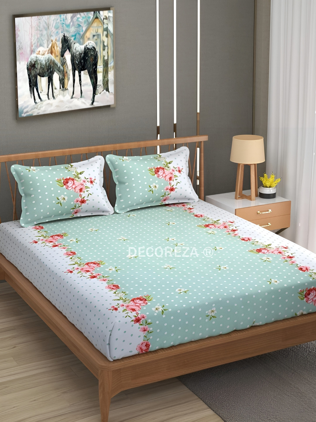 DECOREZA Polka & Floral Green Floral Cotton 260 TC Fitted King Fine Bedsheet with 2 Pillow Covers-182 x 198 x 16 cm