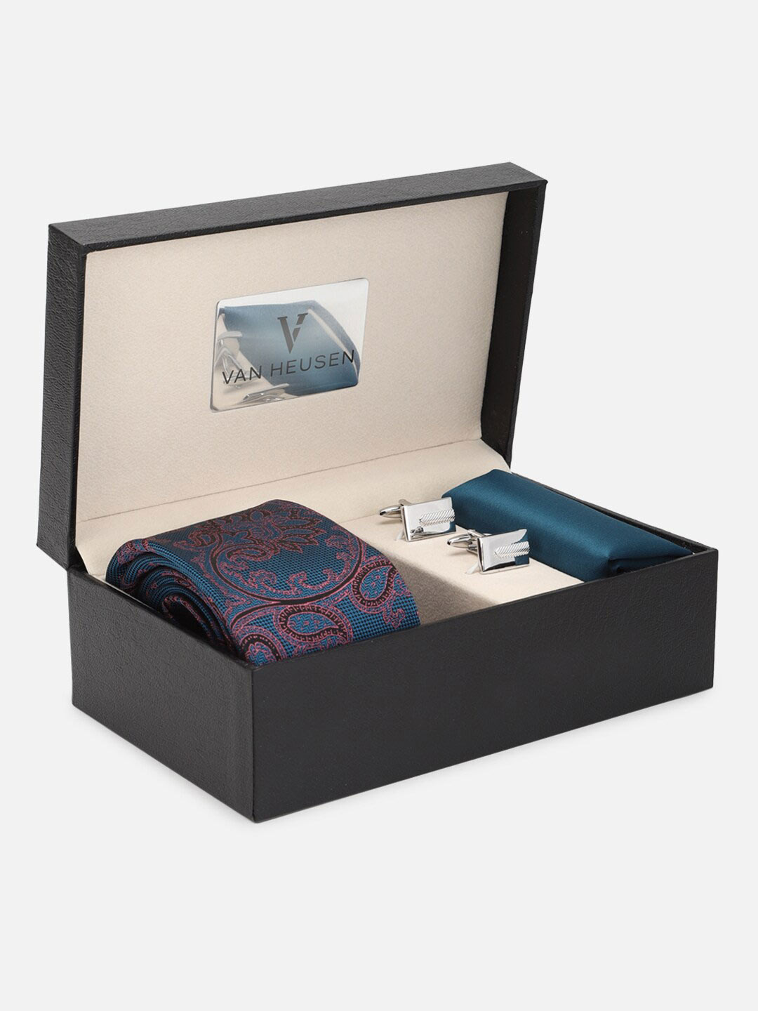 Van Heusen Men Tie Pocket Square & Cufflink With Blacksmith Case