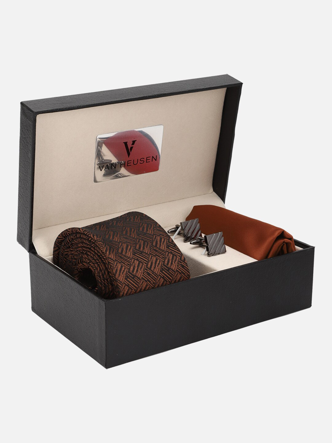 Van Heusen Men Tie Pocket Square & Cufflink With Blacksmith Case