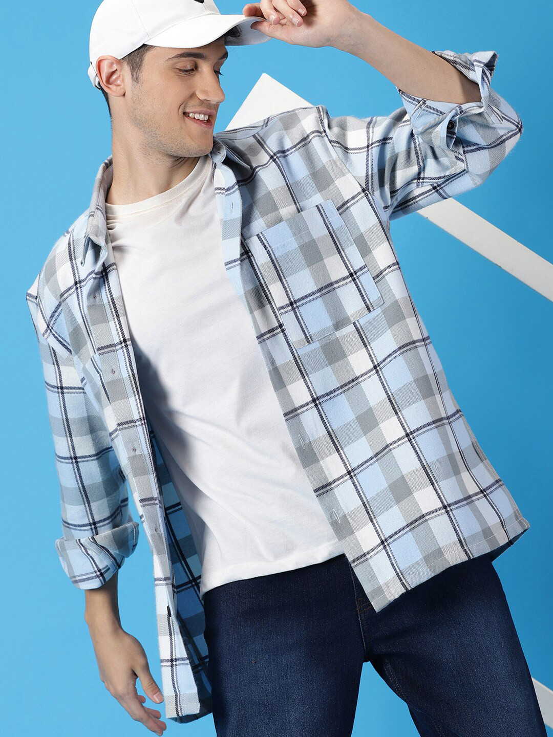 Mast & Harbour Blue Standard Checked Oversized Shacket