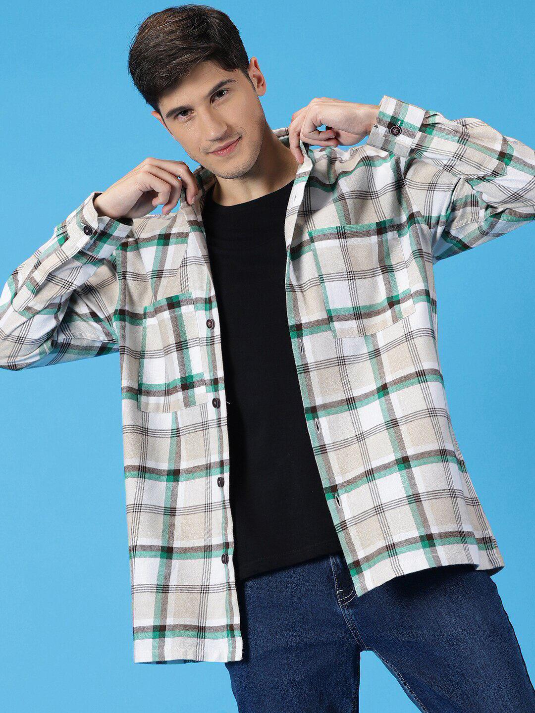 Mast & Harbour Green Standard Checked Cotton Oversized Shacket