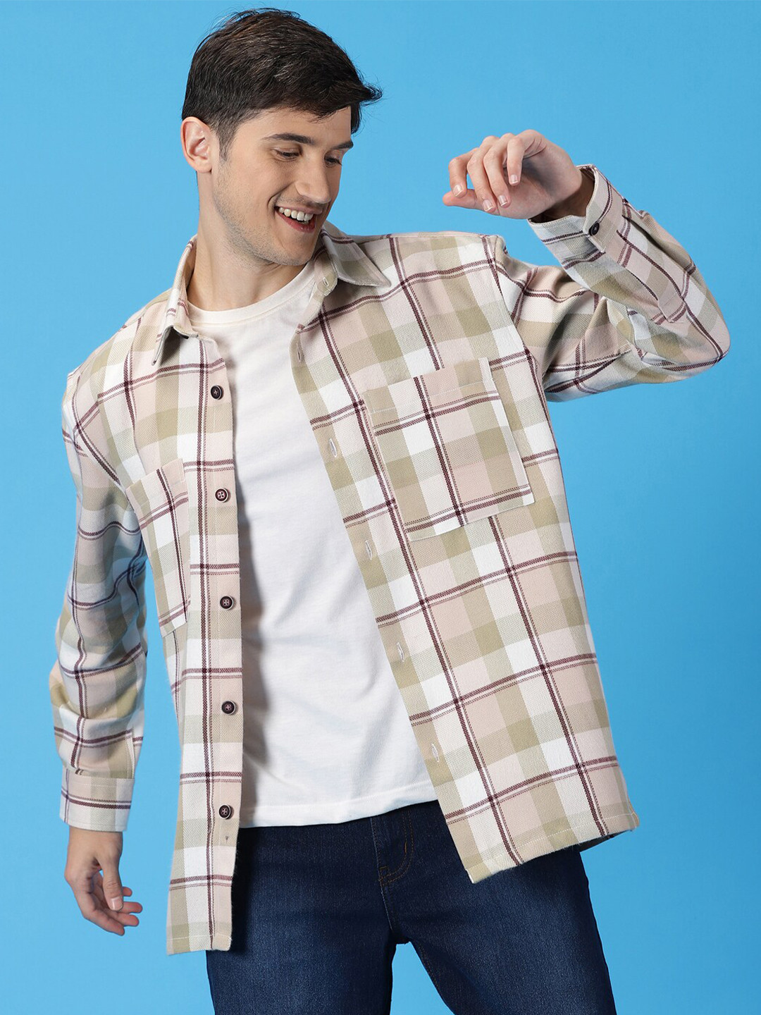 Mast & Harbour Beige Standard Tartan Checks Oversized Shacket