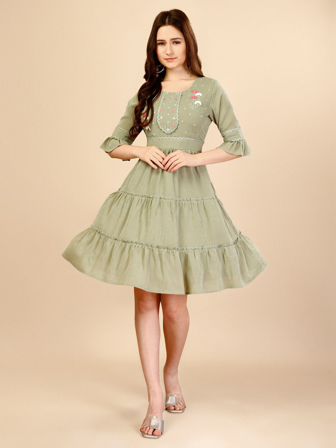 NAINVISH Round Bell Sleeve Fit & Flare Dress