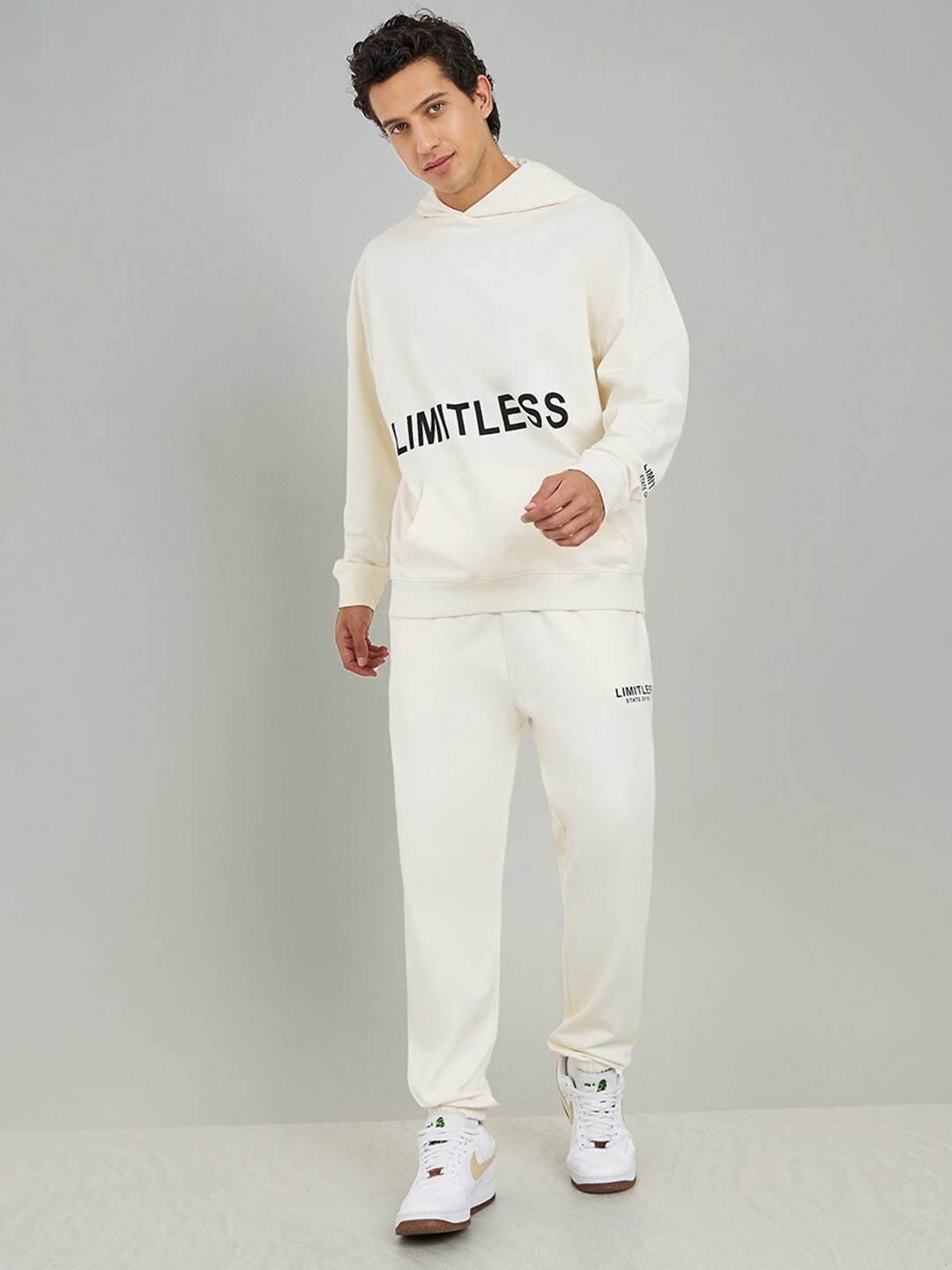 Styli Cream Coloured Pure Cotton Hooded Sweatshirt With Jogger