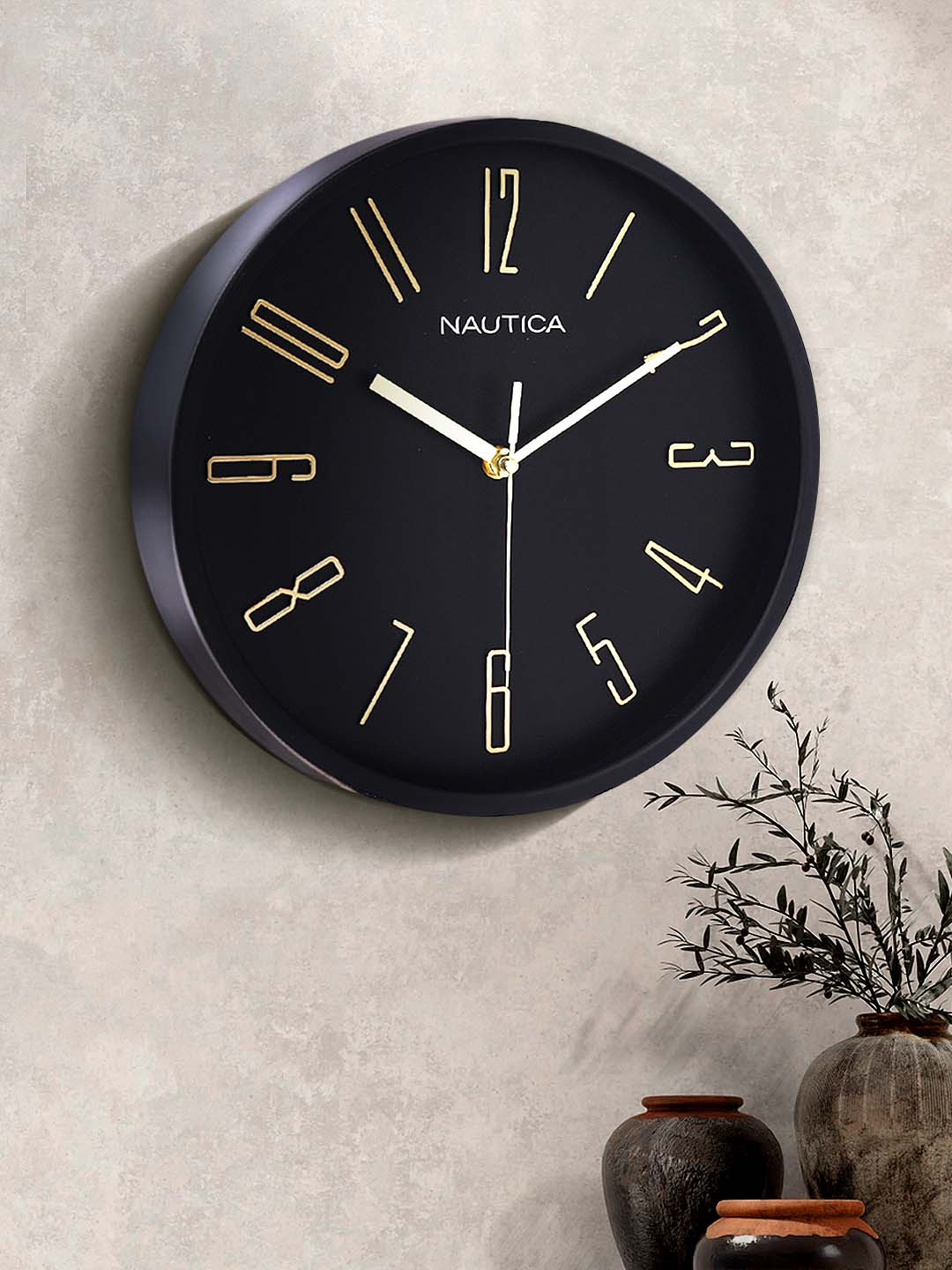 Nautica Modern Black Plastic Silent Clock Round Battery Analogue Wall Clock-31cm
