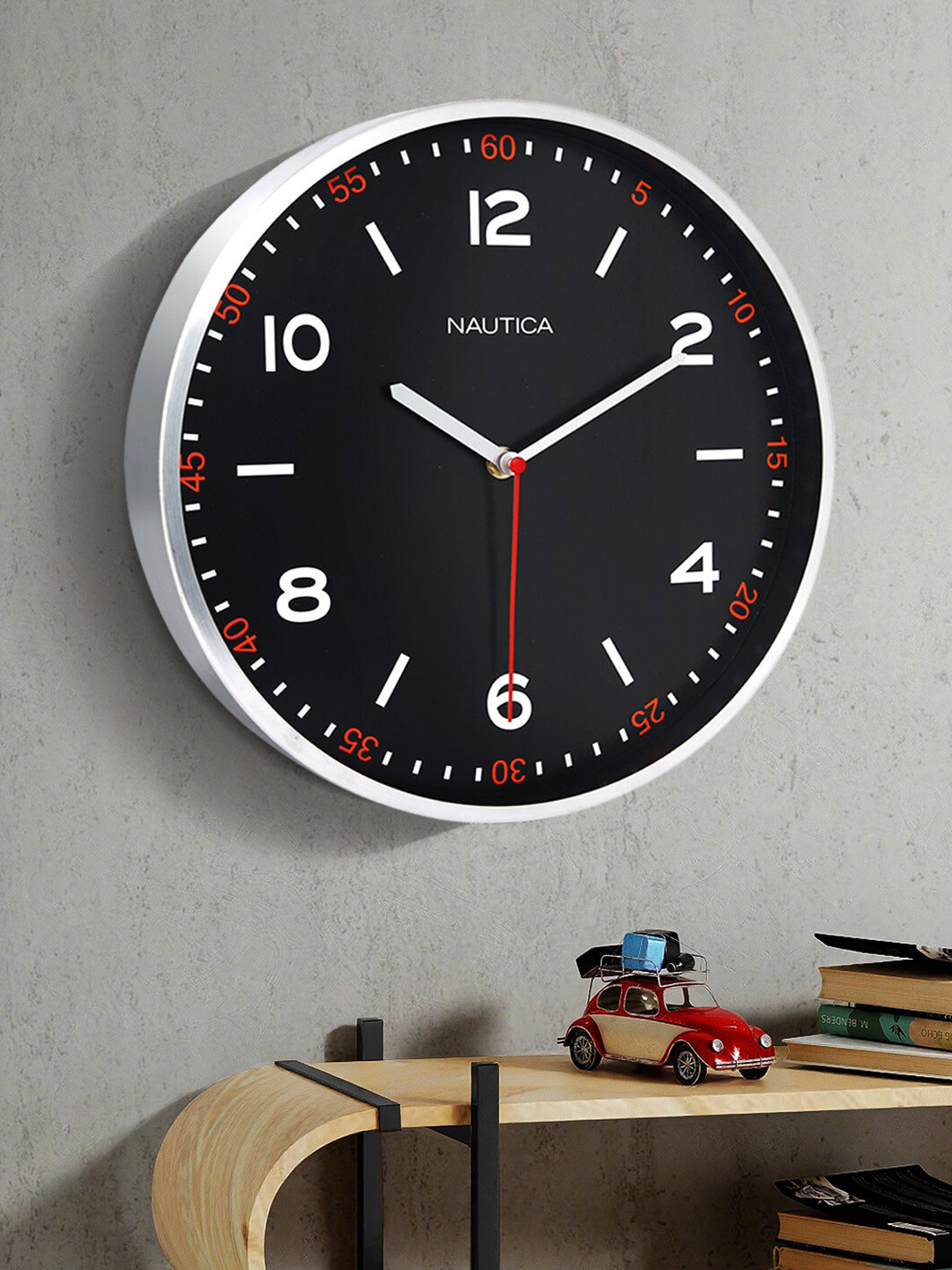 Nautica Premium Black Metal Silent Clock Round Battery Analogue Wall Clock-30cm