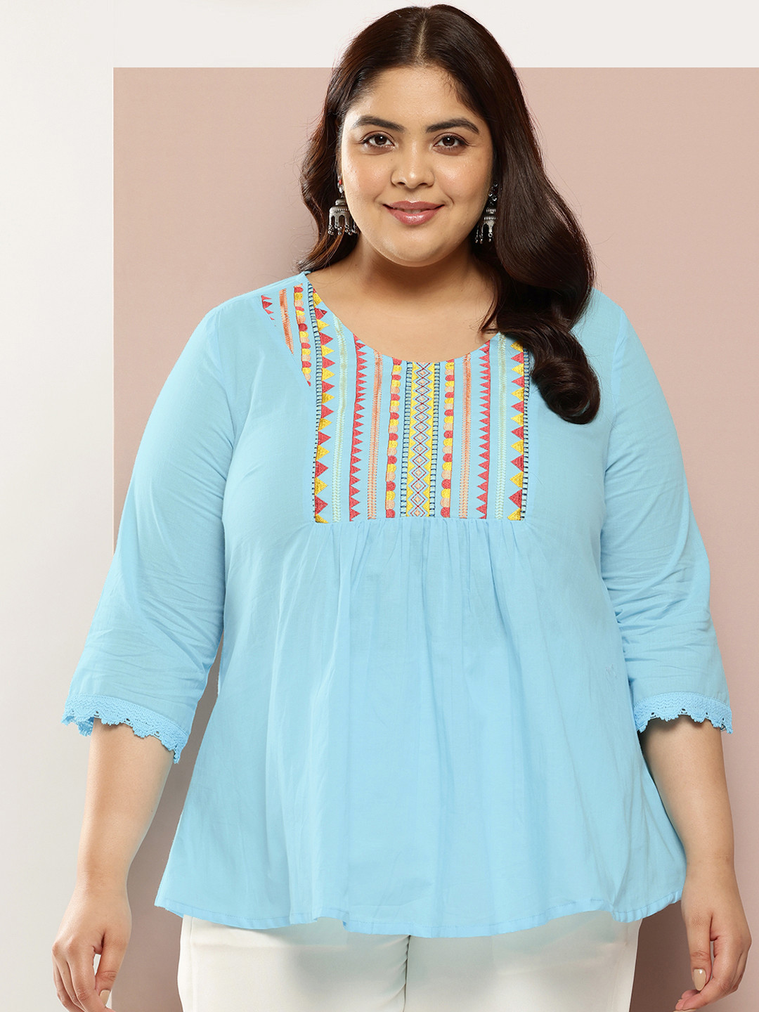 Sztori Plus Size Embroidered Short Kurti