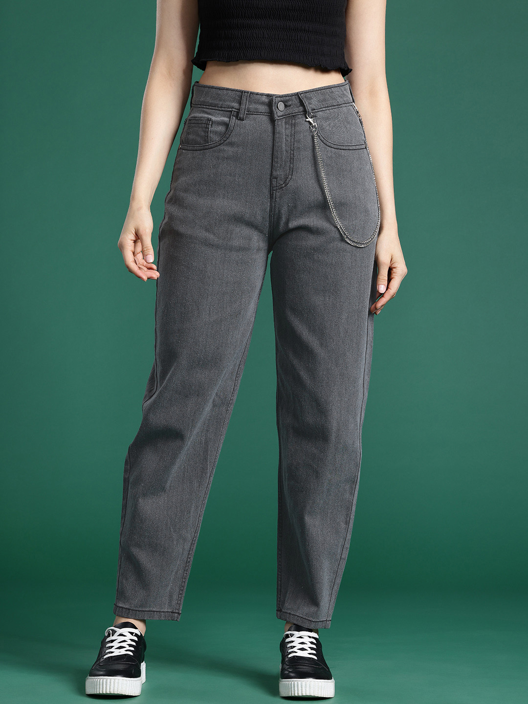 DressBerry Women High-Rise Stretchable Slouchy Fit Jeans with Detachable Chain