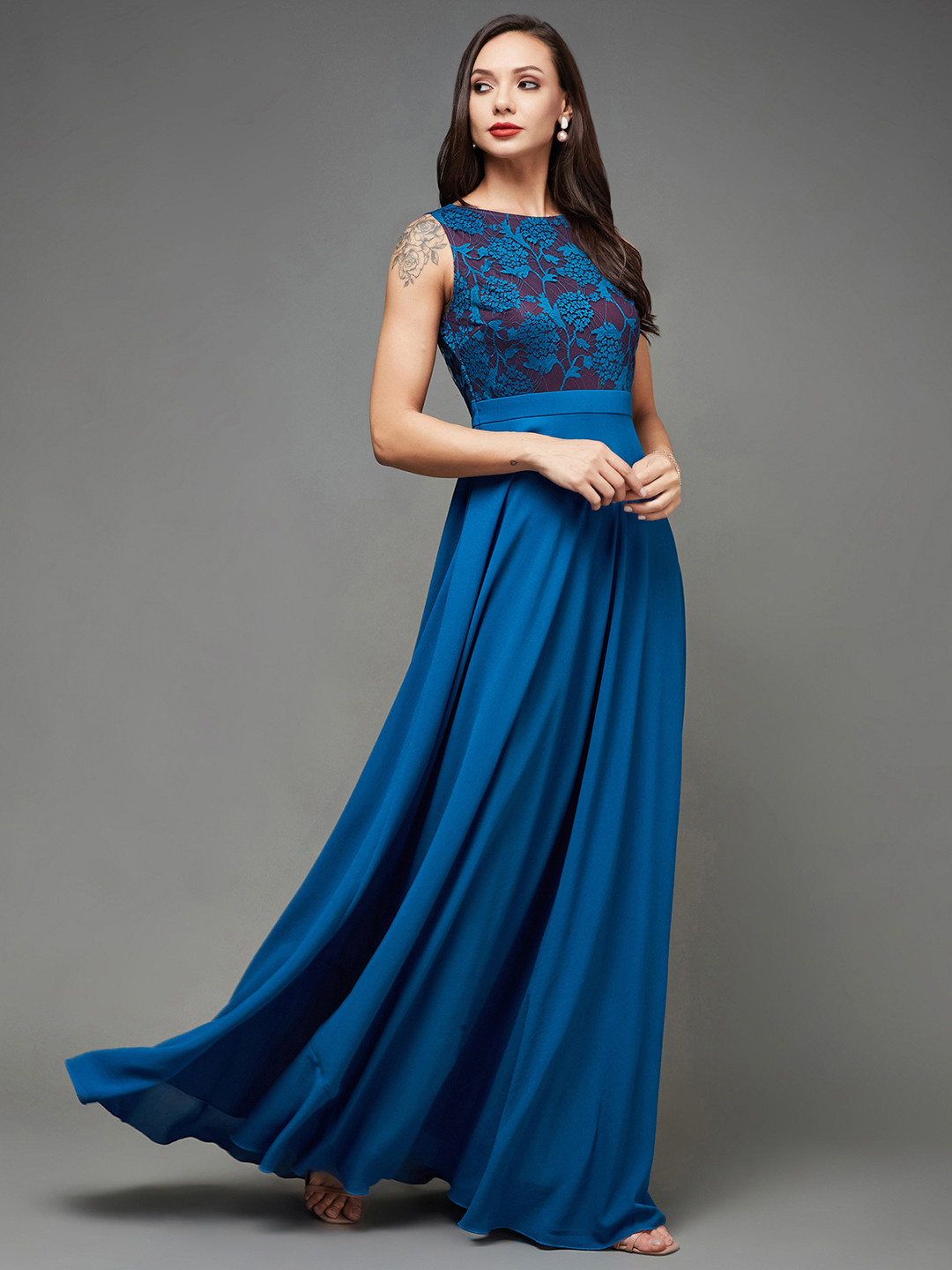 Miss Chase Women Lace Insert Boat Neck Georgette Fit and Flare Maxi Dress